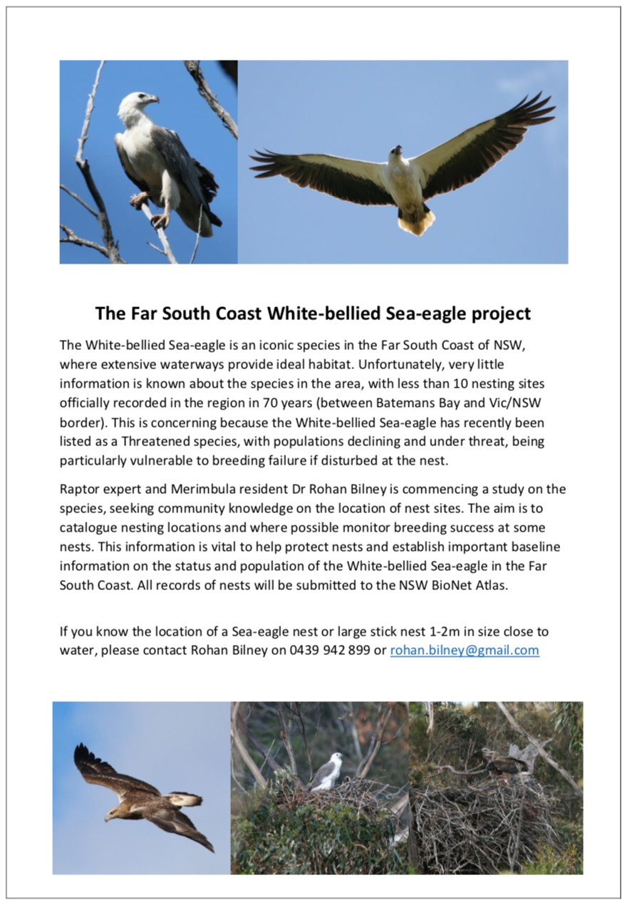 Sea-eagle flyer asking people to report sightings of nests